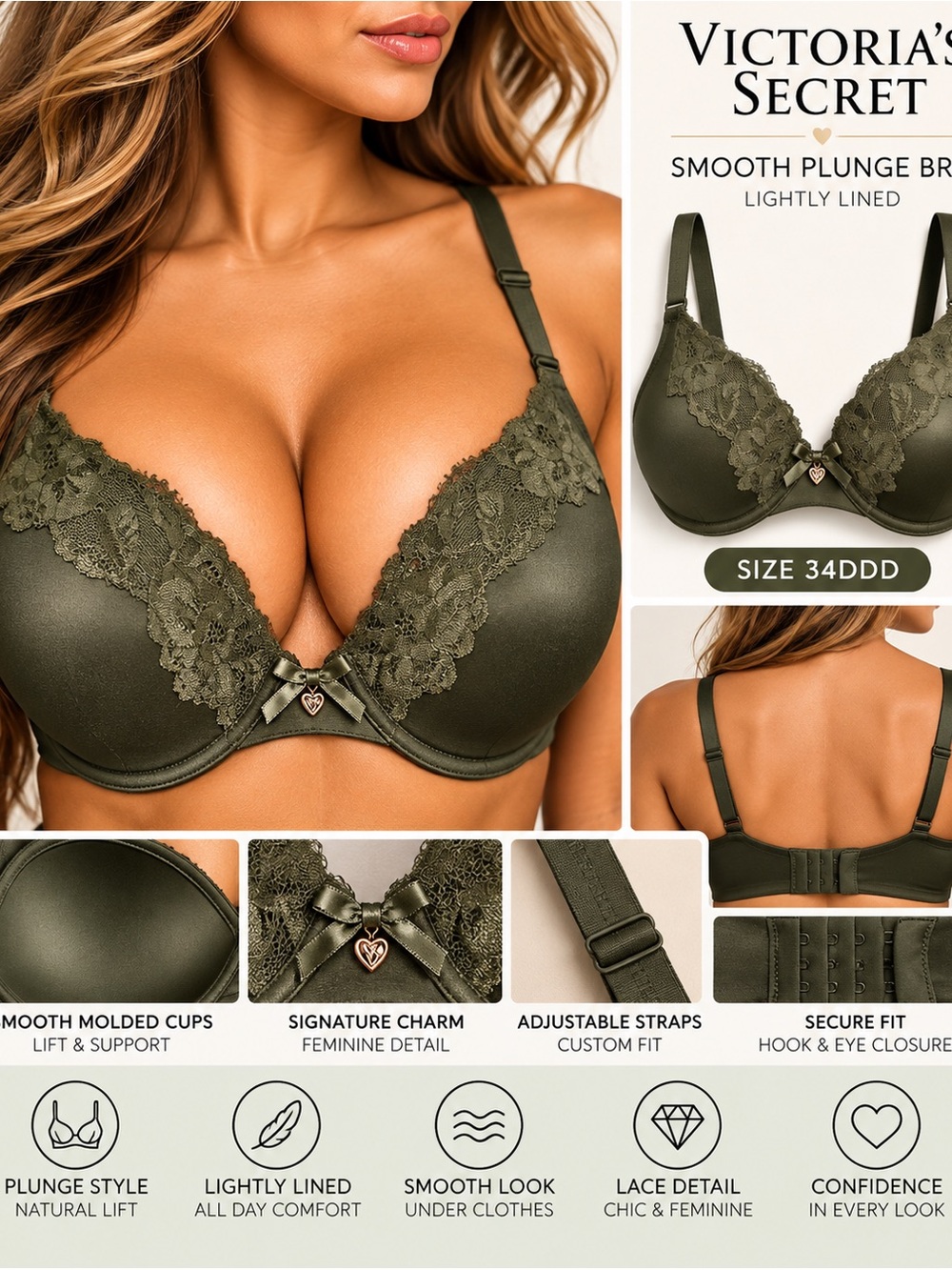 Victoria's Secret Olive Green BODY BU VICTORIA Demi Bra Sz 34DDD NWT